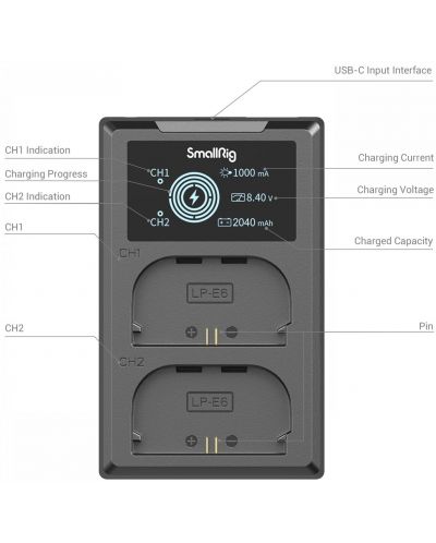 Комплект две батерии и зарядно SmallRig - LP-E6NH, черни - 5