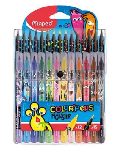 Комплект Maped Color Peps - Monster, 12 флумастера + 15 молива - 1
