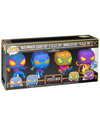 Комплект фигури Funko POP! Marvel: Spider-Man - Miles Morales: Classic Suit, S.T.R.I.K.E. Suit, Bodega Cat Suit, T.R.A.C.K. Suit (Blacklight) (Special Edition) - 2