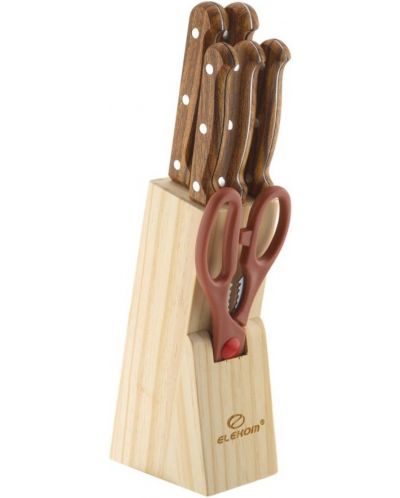 Комплект ножове с дървена стойка Elekom - ЕК-07 BR, 7 части, кафяв - 1