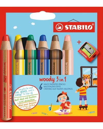 Комплект цветни моливи Stabilo Woody 3 in 1 - 6 цвята, с острилка - 1