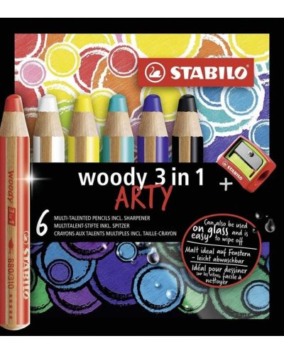 Комплект цветни моливи Stabilo Woody 3 in 1 - Arty, 6 цвята, с острилка - 1