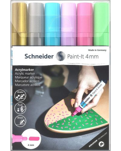 Комплект акрилни маркери Schneider Paint-It - 320, 4.00 mm, 4 пастелни и 2 металикови цвята - 3