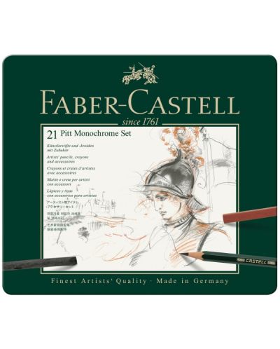 Комплект моливи Faber-Castell Pitt Monochrome - 21 броя, в метална кутия - 1