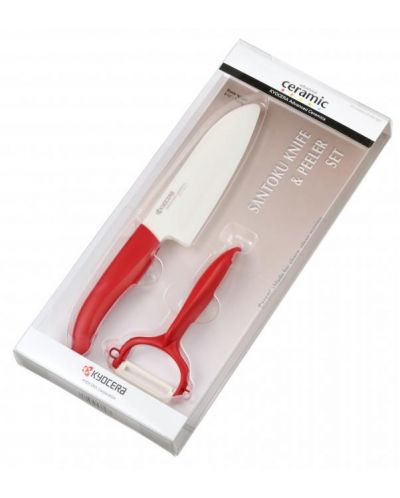 Комплект керамичен нож с белачка Kyocera - червен - 1