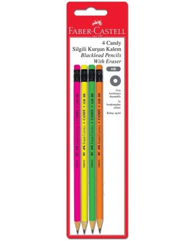 Комплект чернографитни моливи Faber-Castell - Candy, HB, с гума, флуоресцентни, 4 броя - 1