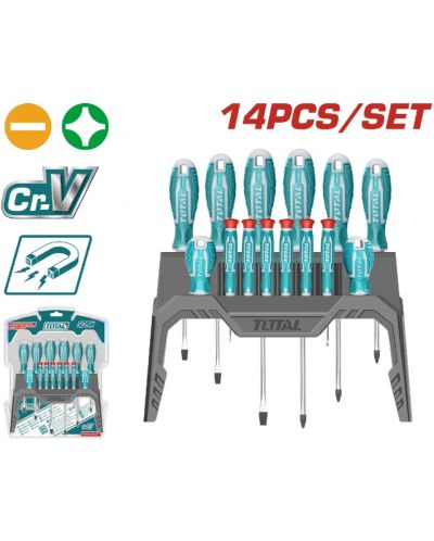 Комплект отвертки със стойка TOTAL - SL, PH, TX, CrV, 14 части - 2