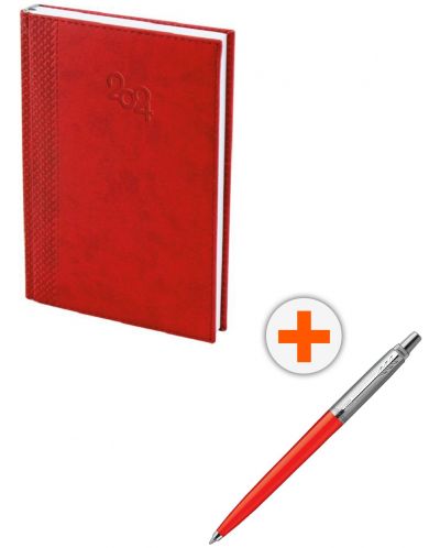Комплект календар-бележник Spree - Червен, с химикалка Parker Royal Jotter Originals Glam Rock, червена - 1