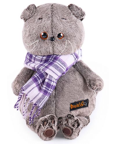 Плюшена играчка Budi Basa - Коте Басик с кариран лилав шал, 30 cm