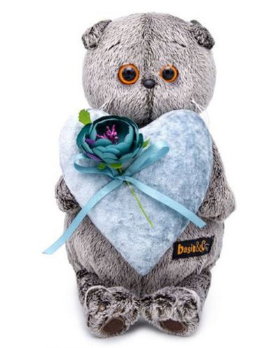 Плюшена играчка Budi Basa - Коте Басик с кадифено синьо сърце, 25 cm - 1