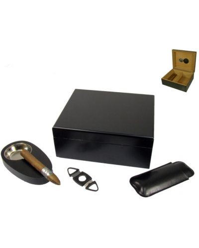 Кутия за пури (хумидор) Angelo - с пепелник, резачка и калъф, черна - 3