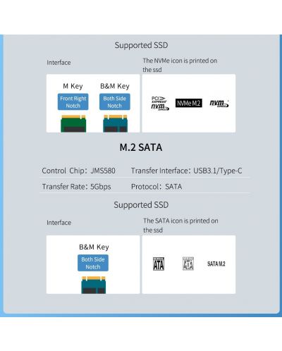 Кутия за твърд диск Orico - TCM2M-C3, M.2 NVMe/SATA M/B key, 10Gbps, синя - 6