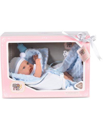 Кукла-бебе Moni Toys - Със синьо одеялце и аксесоари, 36 cm - 3