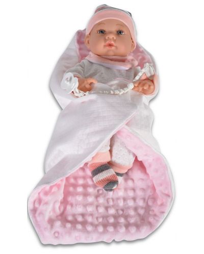 Кукла-бебе Moni Toys - С розово одеялце и шапка на райе, 41 cm - 1