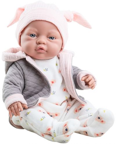 Кукла-бебе Paola Reina Los Bebitos - Bebita, със сиво горнище с качулка и шапка с ушички, 45 cm - 1