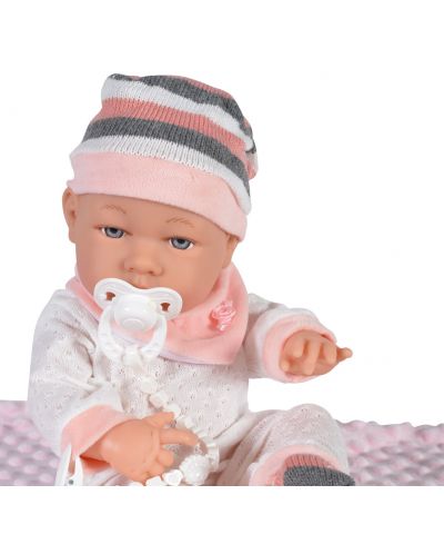 Кукла-бебе Moni Toys - С розово одеялце и шапка на райе, 41 cm - 2