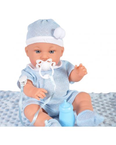 Кукла-бебе Moni Toys - Със синьо одеялце и аксесоари, 36 cm - 2
