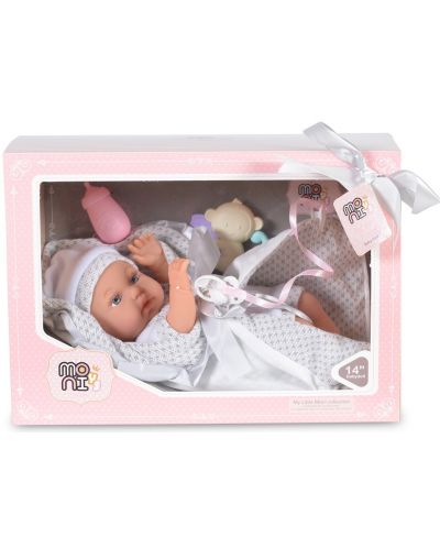 Кукла-бебе Moni Toys - Със сиво одеялце и аксесоари, 36 cm - 4