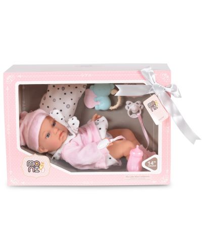Кукла-бебе Moni Toys - С розово халатче и аксесоари, 36 cm - 4