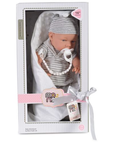 Кукла-бебе Moni Toys - Със сиви дрешки на райе и одеялце, 41 cm - 3