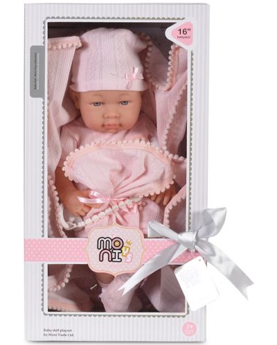 Кукла-бебе Moni Toys - С късо розово боди и розово одеялце, 41 cm - 3