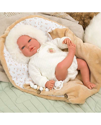 Кукла-бебе Arias - Александра със спален чувал в бежово, 40 cm - 6