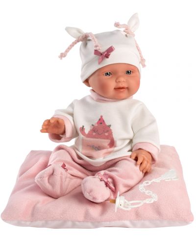 Кукла-бебе Llorens - С розови дрешки, възглавничка и бяла шапка, 26 cm - 1