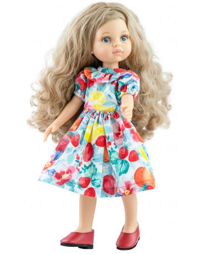 Кукла Paola Reina Amigas - Карла, с цветна рокля на плодчета, 32 cm - 1
