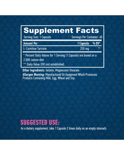 L-Carnitine, 250 mg, 60 капсули, Haya Labs - 2