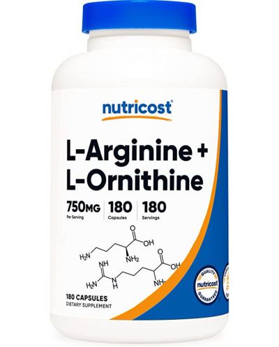 L-Arginine + L-Ornithine, 180 капсули, Nutricost - 1