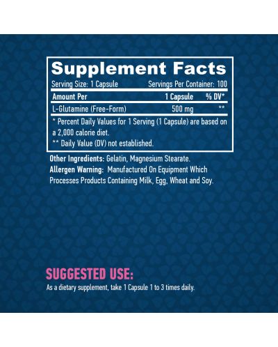 L-Glutamine, 500 mg, 100 капсули, Haya Labs - 2