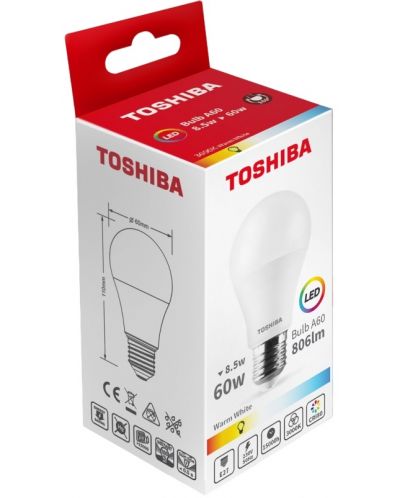 LED крушка Toshiba - 8.5=60W, E27, 806 lm, 3000K - 2
