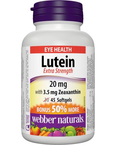 Lutein, 20 mg + Zeaxanthin, 3.5 mg, 45 софтгел капсули, Webber Naturals - 1