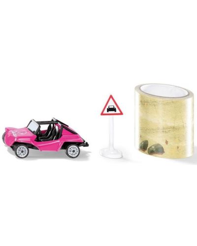 Метална играчка Siku - Розово бъги, с тиксо и пътен знак - 1
