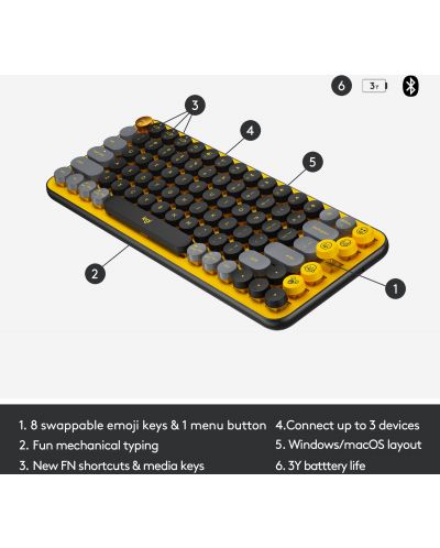 Механична клавиатура Logitech - POP Keys, безжична, Brown, жълта/черна - 6