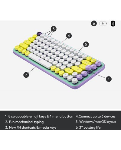 Механична клавиатура Logitech - POP Keys, безжична, Brown, лилава/зелена - 6