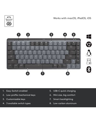 Механична клавиатура Logitech - MX Mechanical Mini, безжична, сива - 7