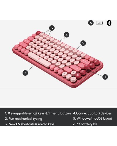 Механична клавиатура Logitech - POP Keys, безжична, Brown, розова - 6
