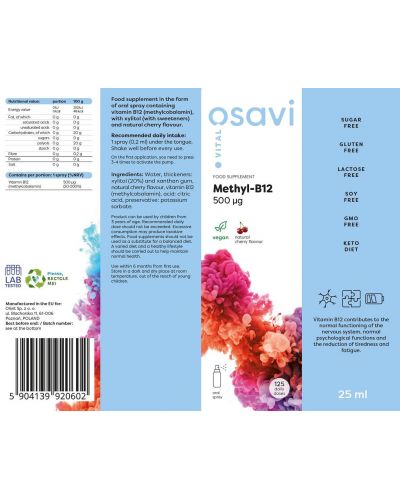 Methyl-B12 Орален спрей, 500 mcg, 25 ml, Osavi - 2