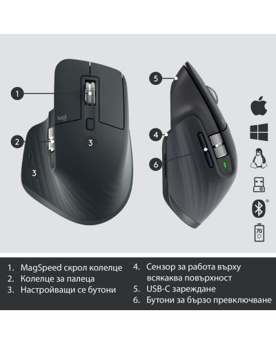 Мишка Logitech - MX Master 3 Advanced, оптична, безжична, черна - 7