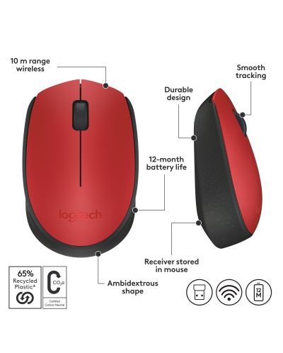 Мишка Logitech - M171, оптична, безжична, червена - 8