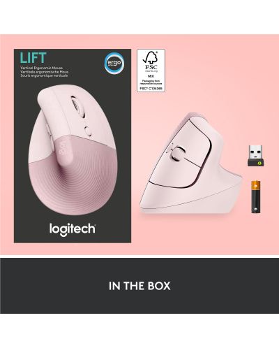 Мишка Logitech - Lift Vertical EMEA, оптична, безжична, розова - 8