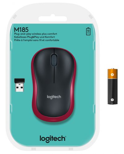 Мишка Logitech - M185, оптична, безжична, червена - 9