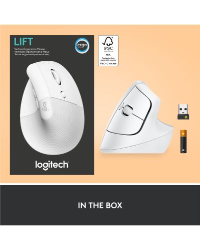 Мишка Logitech - Lift Vertical EMEA, оптична, безжична, бяла - 8