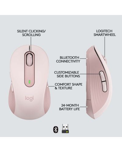 Мишка Logitech - Signature M650, оптична, безжична, розова - 8