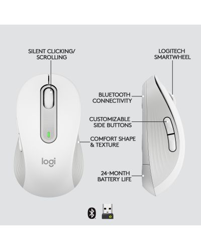 Мишка Logitech - Signature M650, оптична, безжична, бяла - 8