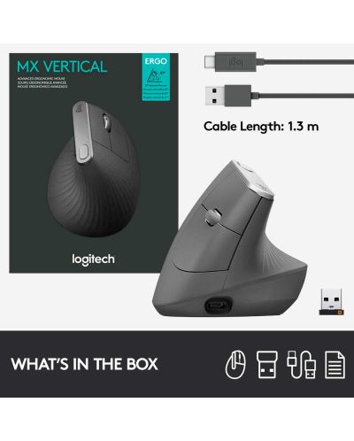 Мишка Logitech - MX Vertical Advanced, оптична, безжична, сива - 11