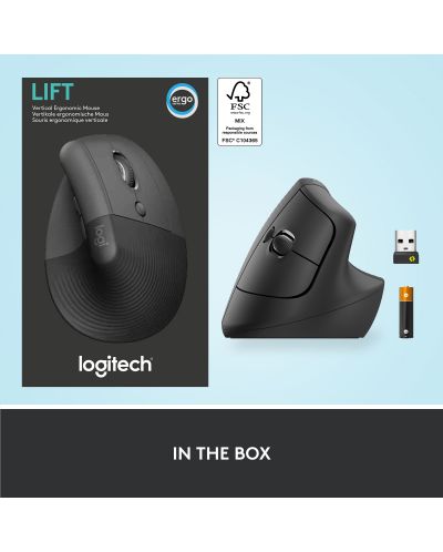 Мишка Logitech - Lift Vertical EMEA, оптична, безжична, черна - 8