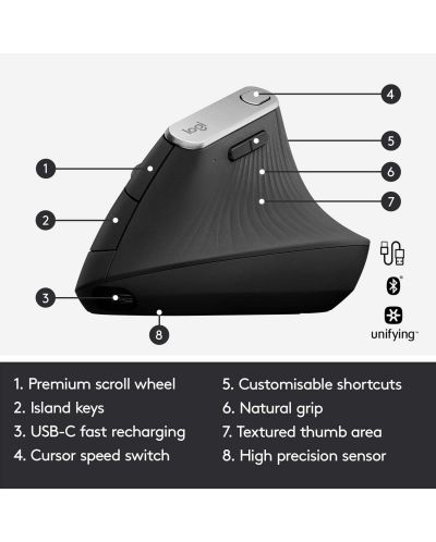Мишка Logitech - MX Vertical Advanced, оптична, безжична, сива - 7