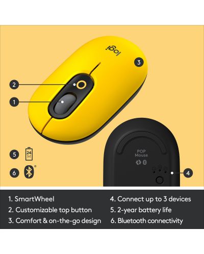 Мишка Logitech - POP, оптична, безжична, жълта - 6